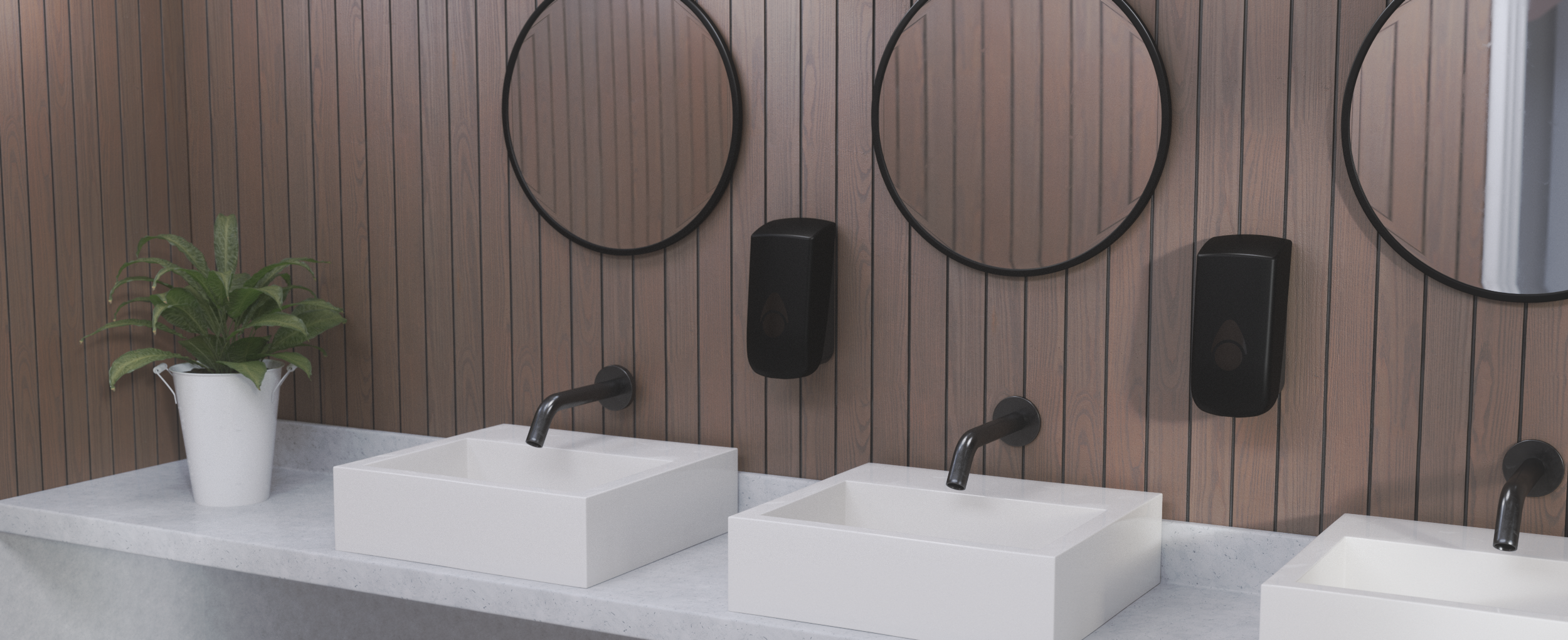 Commercial/domestic washroom. With plastic soap/foam/liquid dispensers. Made in North West Britain, united kingdom.