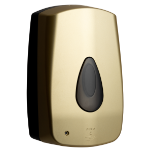 Matte Brass Modular Auto 1L touch free washroom soap dispenser with a key-lockable cover, drip tray, and 1L refillable reservoir for liquid or foam soap, designed for hygienic, contactless dispensing.