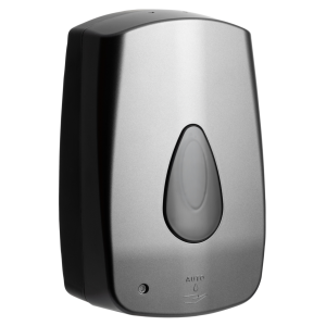 Matte Graphite Modular Auto 1L touch free washroom soap dispenser with a key-lockable cover, drip tray, and 1L refillable reservoir for liquid or foam soap, designed for hygienic, contactless dispensing.