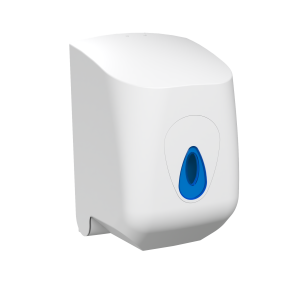 White ABS plastic Modular Large Centrefeed washroom tissue dispenser with a clear window, key-lockable cover, and sturdy design for standard 205mm perforated or un-perforated centrefeed rolls.