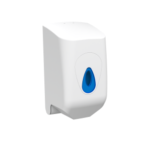 Modular white small centrefeed tissue dispenser. Quality ABS plastic cover window and backplate. Durable. Perforated or un perforated rolls.