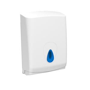 Modular white hand towel dispenser, manufactured in the UK. Large capacity, quality ABS plastic cover, window and backplate. Suitable for c-fold, z-fold and interleaved paper towels.
