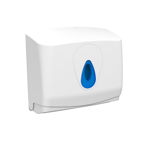 White ABS plastic Modular Small washroom hand towel dispenser with a customizable colored window, key-lockable cover, and compact design for interleaved, C-fold, or Z-fold towels up to 255mm wide.