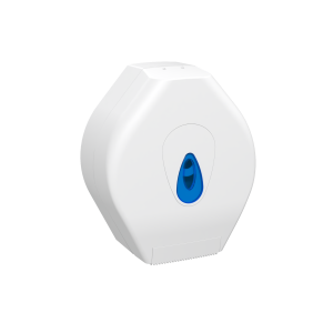 White ABS plastic Modular Medium Jumbo 10" washroom toilet tissue dispenser with a clear window, key-lockable cover, and reversible spigot for 260mm perforated or non-perforated rolls.