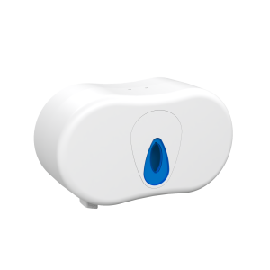 White ABS plastic Modular Micro 6" Coreless Twin Jumbo Dispenser. Front angled view