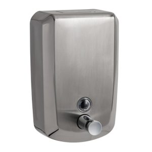 Brushed 304 stainless steel Intro 1.2L washroom liquid soap dispenser with chrome sides, non-drip valve, key-lockable spring-loaded lid, and level window indicator for hygienic high-traffic use.