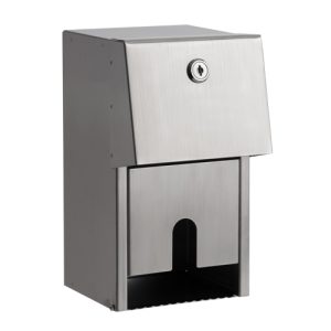 Brushed 304 stainless steel Intro standard 2 roll dispenser, washroom toilet tissue dispenser with a key-lockable hinged cover, front stock-level window, and durable design for two domestic rolls.