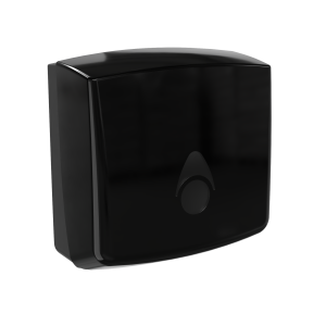 Black recycled Myriad washroom hand towel dispenser with a modern key-lockable design, recessed stock-level window, and single-towel dispensing for interleaved, C-fold, or Z-fold towels.
