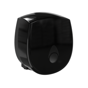 Black recycled Myriad small 8” washroom jumbo toilet tissue dispenser with a modern key-lockable design, recessed stock-level window, and capacity for 110mm perforated or non-perforated rolls.