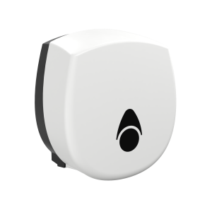 White 100% recycled jumbo dispenser Myriad small 8” washroom jumbo toilet tissue dispenser with a modern key-lockable design, recessed stock-level window, and capacity for 110mm perforated or non-perforated rolls.