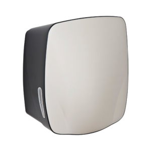 Black and stainless steel Mercury washroom hand towel dispenser with ABS plastic cover, key-lockable, side stock-level windows, and single-towel dispensing for 200mm interleaved, C-fold, or Z-fold towels.