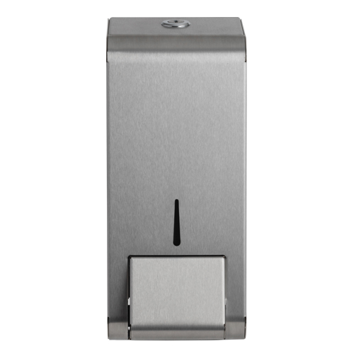 304 brushed stainless steel Opal 900ml washroom soap dispenser with a key-lockable cover, front stock-level window, and versatile pump for liquid, foam, or sanitizer dispensing.