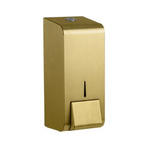 Stainless 304 grade steel satin brass finish 900ml soap dispenser. Manufactured in the UK. Liquid, foaming soap or liquid sanitiser.