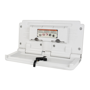 White high-density polyethylene Intro ABS horizontal washroom baby changing unit with an anti-bacterial surface, adjustable security strap, bag hook, ADA-compliant.