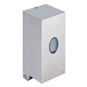 Brushed 304 stainless steel Intro Auto 1L washroom liquid soap dispenser with touch-free dispensing, key-lockable cover, level window indicator, and 6 AA battery operation for hygienic high-traffic use.