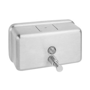 Brushed 304 stainless steel Intro horizontal 1.2L washroom liquid soap dispenser with a non-drip valve, key-lockable spring-loaded lid, and front stock-level window, ideal for space-restricted high-traffic areas.