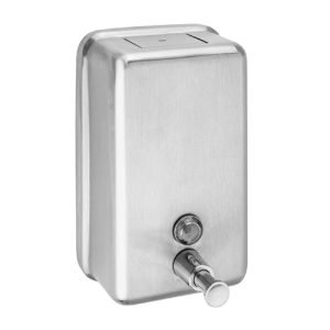 Brushed 304 stainless steel Intro vertical 1.2L washroom liquid soap dispenser with a non-drip valve, key-lockable spring-loaded lid, and front stock-level window, ideal for high-traffic sanitizing.