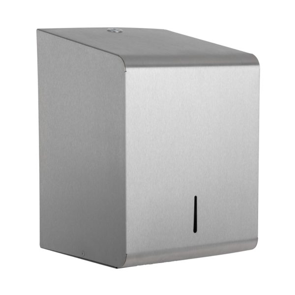 Brushed stainless steel large centre feed dispenser. Supports perforated and un perforated rolls.