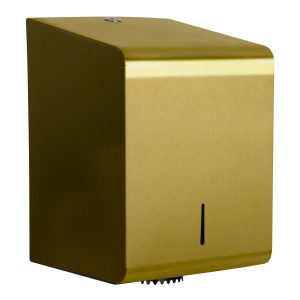 Satin brass stainless large centre feed dispenser. 304l grade steel. Rolls up to 205mm diameter. Perforated or un-perforated rolls.