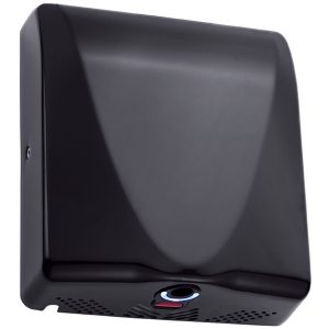 Brushed black 304 steel Bullet Dri washroom hand dryer with a slimline 100mm depth, HEPA filter, blue LED light, adjustable motor speed, and 10-15 second dry time for low-traffic commercial settings.