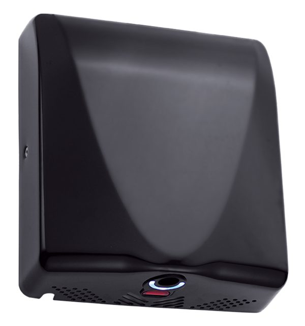 Brushed black 304 steel Bullet Dri washroom hand dryer with a slimline 100mm depth, HEPA filter, blue LED light, adjustable motor speed, and 10-15 second dry time for low-traffic commercial settings.