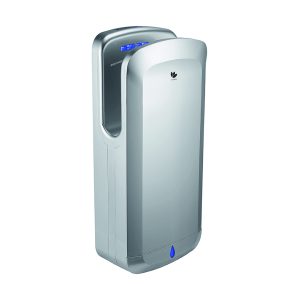 Matte silver ABS Jet Force washroom hand dryer with a hands-in blade design, HEPA filter, UV protection, water collection system, and 10-15 second dry time for low-traffic commercial settings.