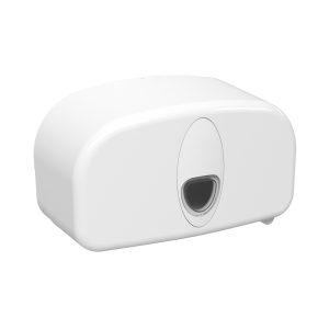 White matte ABS plastic Excel Micro Mini washroom coreless jumbo toilet tissue dispenser with a compact key-lockable design, transparent stock-level window, and slider mechanism for two 145mm rolls.