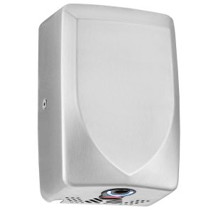 Brushed stainless steel Slim Force washroom hand dryer with a compact design, blue LED light, UV protection, air filter, and 10-12 second dry time for low-traffic commercial settings.