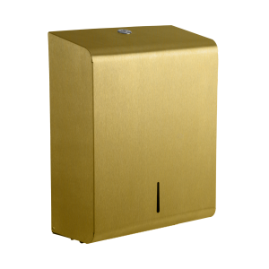 304 grade steel, csatin brass finish hand towel dispenser. Holds z/c and interfold paper towels.