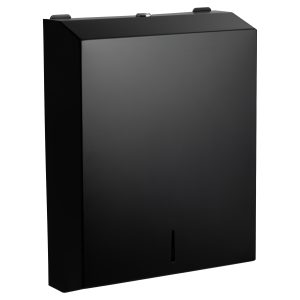Gloss black zinc-coated steel Intro large washroom hand towel dispenser with a slimline design, key-lockable hinged cover, and front stock-level window for 550 Z-fold, C-fold, or inter-fold towels.