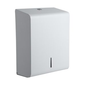 White gloss zinc-coated 304 grade steel. Opal washroom hand towel dispenser with a slimline aperture, key-lockable cover, front stock level window, ad durable design for 550 z-fold. c-fold or inter-fold towels.