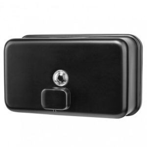 Matte black brushed stainless steel Intro horizontal 1.2L washroom liquid soap dispenser with a non-drip valve, key-lockable spring-loaded lid, and front stock-level window for space-restricted high-traffic areas.