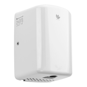 White matte steel Turbo Junior Plus washroom hand dryer with a compact design, UV protection, debris-catching filters, intelligent heating, and 10-15 second dry time for low-traffic commercial settings.