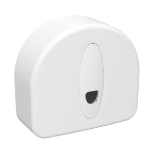White matte ABS plastic Excel Mini washroom jumbo toilet tissue dispenser with a key-lockable cover, transparent stock-level window, and no-waste system for one 190mm mini jumbo roll and 130mm stub roll.