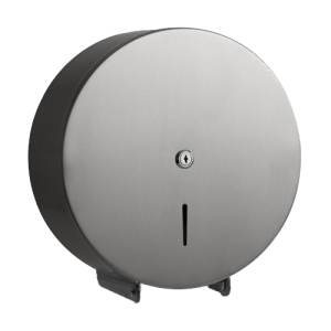 Intro Brushed Stainless 304 grade steel mini 12 inch jumbo toilet roll dispenser. Perforated or non-perforated jumbo rolls. Up to 250mm.