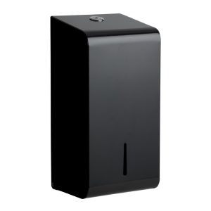 Matte Black Multiflat tissue dispensers, front angled view.
