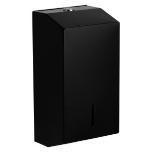 Gloss black zinc-coated steel Intro multi-flat washroom toilet tissue dispenser with a slimline design, key-lockable hinged cover, and front stock-level window for 500 bulk pack tissues.