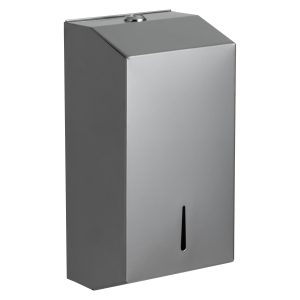 Silver 304 grade steel, multiflat tissue dispenser. Durable, bulk pack tissue up to 500 tissue capacity.
