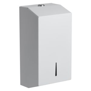White 304 grade steel multiflat tissue dispenser, durable, bulkpack toilet tissue, zinc coated steel. white gloss finish.