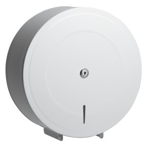 White 304 grade steel mini 10 inch jumbo toilet roll dispenser. Perforated or non-perforated jumbo rolls. Up to 250mm.