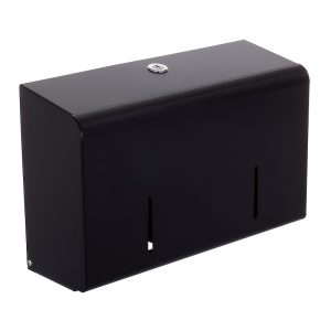 Matte black zinc-coated steel Opal Twin Micro 6” washroom toilet tissue dispenser with a compact design, key-lockable chrome lock, front stock-level windows, and slider for two cored micro jumbo rolls.