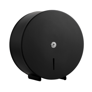 Matte black Intro 10" Mini Jumbo dispenser washroom toilet tissue dispenser in brushed stainless steel, with a front stock-level window and key-lockable hinged cover for 250mm jumbo rolls.