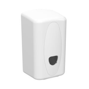 White matte ABS plastic Excel washroom bulkpack tissue dispenser with a compact key-lockable design, transparent stock-level window, and versatile aperture for 120mm x 100mm tissue packs.