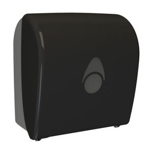 Black ABS cover with polypropylene backplate. Paper dispenser, front angled view