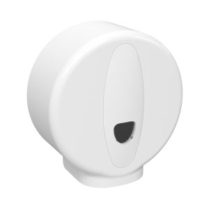 White matte ABS plastic Excel Mini/Midi washroom jumbo toilet tissue dispenser with a compact key-lockable design, transparent stock-level window, and capacity for one 240mm 250m roll.