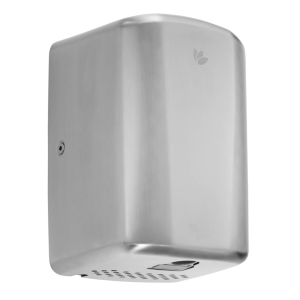 Brushed stainless steel Turbo Junior Plus washroom hand dryer with a compact design, UV protection, debris-catching filters, intelligent heating, and 10-15 second dry time for low-traffic commercial settings.