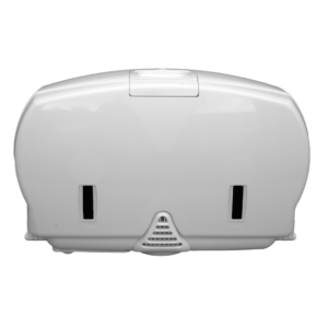 White matte ABS Double Mini plastic Excel Double Mini washroom jumbo toilet tissue dispenser with a key-lockable cover, front stock-level windows, and no-waste system for two 250m rolls with 2.25” cores.