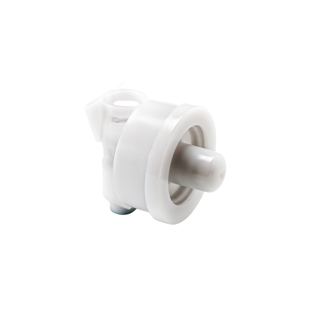 Foam soap pump, front angled view.