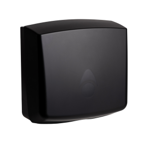 Matte black 100% recycled Myriad washroom hand towel dispenser with a modern key-lockable design, recessed stock-level window, and single-towel dispensing for interleaved, C-fold, or Z-fold towels.