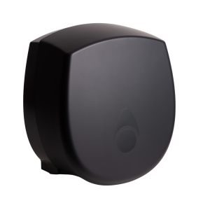 Matte black 100% recycled Myriad small 8” washroom jumbo toilet tissue dispenser with a modern key-lockable design, recessed stock-level window, and capacity for 110mm perforated or non-perforated rolls.